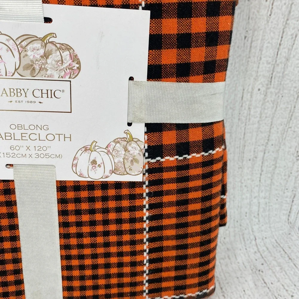 Shabby Chic Tablecloth 60x120 Orange Black Gingham Plaid Cotton Fall Halloween